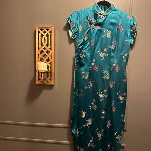 1960s M Qipao blue cheongsam silk satin damasked dress